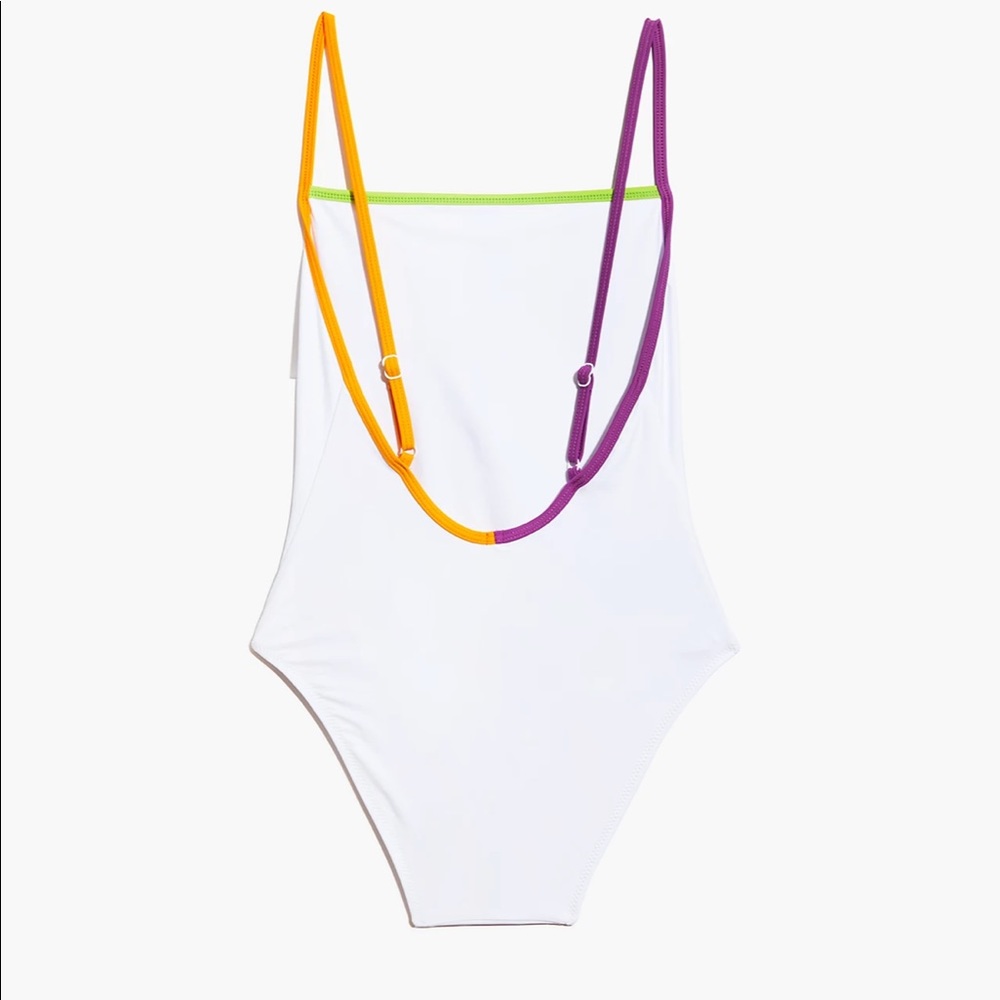 SOLID & STRIPED: White One-Piece Swimsuit w/Color Pop Trim